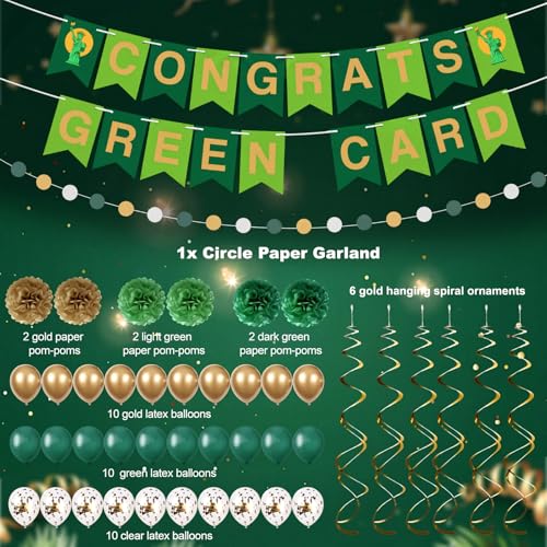 Image of RoundFunny 45 Pcs Green Card Themed Party Decorations Pre-strung Congrats Permanent Resident Banner Green Gold Confetti Balloons and Pom Poms for Immigration Success Celebration