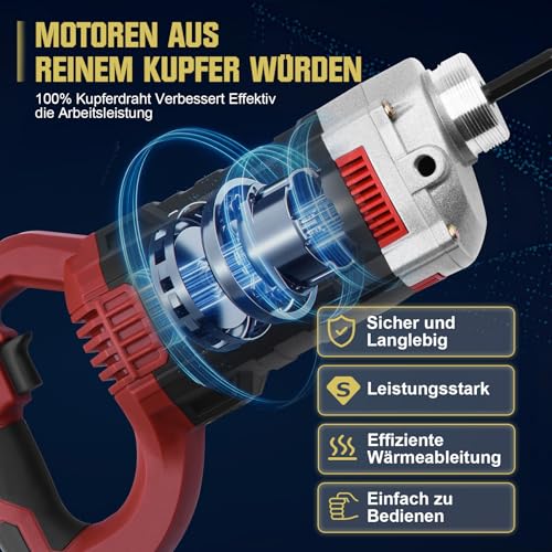 Betonrüttler 1800W mit 1.5m SCHLAUCHLÄNGE, Elektro Betonverdichter, 35 mm Flaschenrüttler, Rührwellendrehzahl 6000 U/min, Beton Rüttelflasche mit Tragegriff