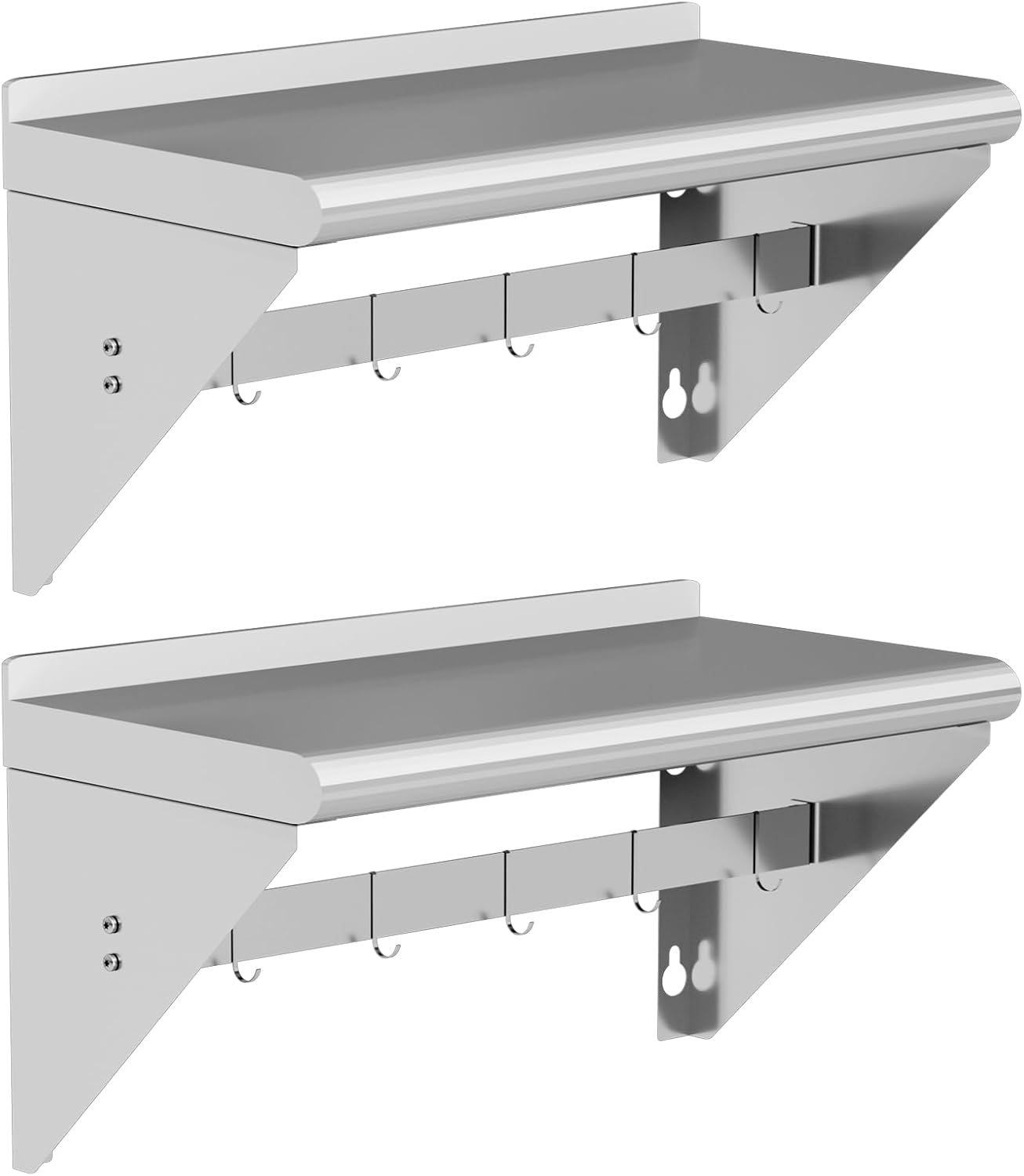 Commercial Stainless Steel Shelf with 5 Hooks 12 x 24 2 Pack, Wall Mounted Food Service Storage Rack Shelves, Heavy Duty 250 lb Metal Shelf for Kitchen Restaurant Food Truck Garage Laundry Room