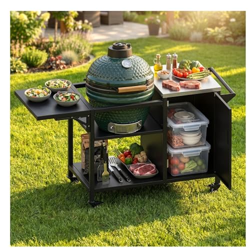Pipopa Outdoor Grill Table for Big Green Egg| Egg BBQ Grill with Stainless Steel Top| 1-Side Foldable Table| 2-Bay Shelf with 5-Duty Storage| 400Lbs| Outside-in Easy Assembly| for Green Egg&Joe Jr