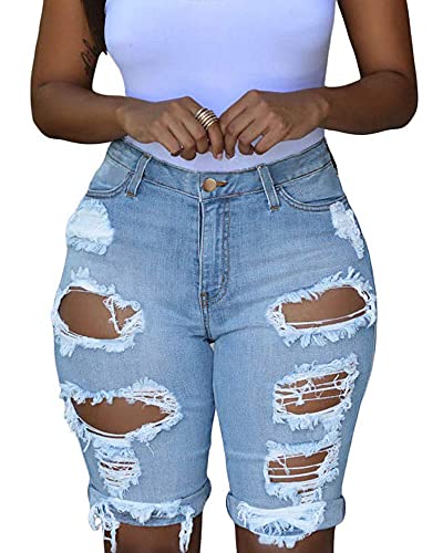 roswear Women s Ripped Denim Destroyed Stretchy Bermuda Shorts Jeans Blue Large
