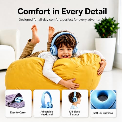 MuGo Kids Bluetooth Headphones with Colorful LED Bunny Lights, Foldable Over Ear Headphones Built-in Mic, 85dB Safe Volume Stereo Headset for Girls Boys Children, Wireless & Wired 2-in-1 Support TF - Image 7