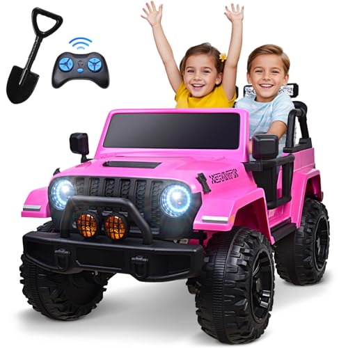 Joywhale 24V 2 Seater Kids Ride on Car Truck 4WD Battery Powered Motorized Easy-Drag Truck, with 4x75W Powerful Engine, Soft Braking, 2.4G Remote Control, Suspension & Car Cover, Pink