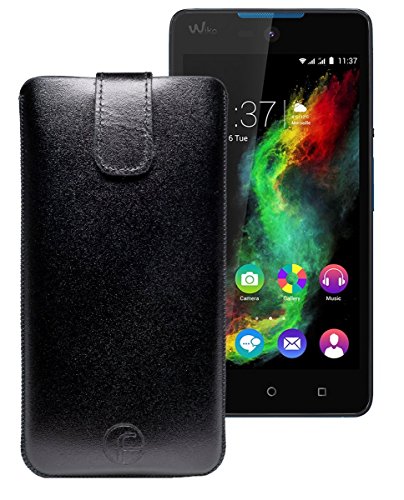 Favory ECHT Ledertasche Leder Etui / Wiko Rainbow Up Tasche (Lasche mit Rückzugfunktion) schwarz