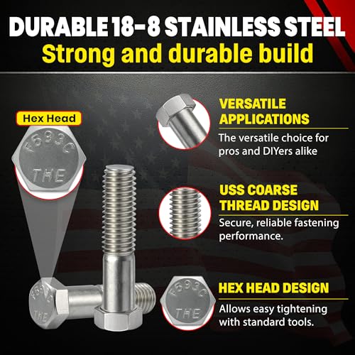 Image of Stainless 7 /16-14 x 2 inch Hex Head Bolts (3 /4 inch to 5 inch Lengths Available in Listing), 304 Stainless Steel, 10 Pieces (7 /16-14 x 2 inch)