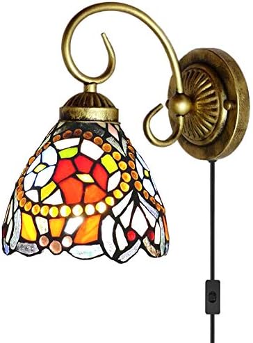 Kiven Tiffany Wall lamp E26 1-Light Plug-in Bulb not Included Wall Sconce Glass Shade 6 Foot Black Cord(BD0519)