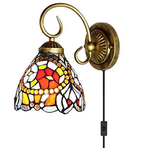 Image of Kiven Tiffany Wall lamp E26 1-Light Plug-in Bulb not Included Wall Sconce Glass Shade 6 Foot Black Cord(BD0519)