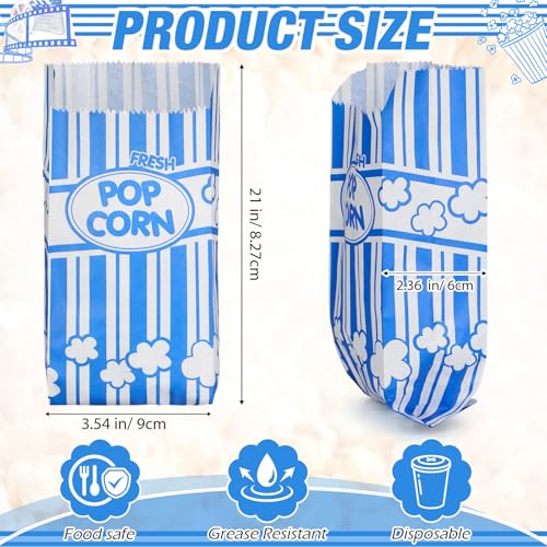 Image of Potchen 300 Pcs Popcorn Paper Bags Disposable Grease Resistant Striped Popcorn Container for Movie Night Carnival Party Theater(Blue,1 oz)