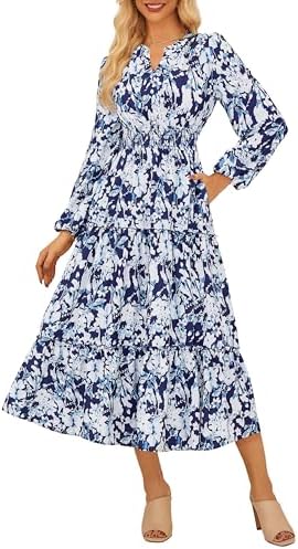GRACE KARIN Women Floral Maxi Dress,2025 Fall Long Sleeve Casual Dresses,V Neck Boho Flowy Elegant Dress with Pockets