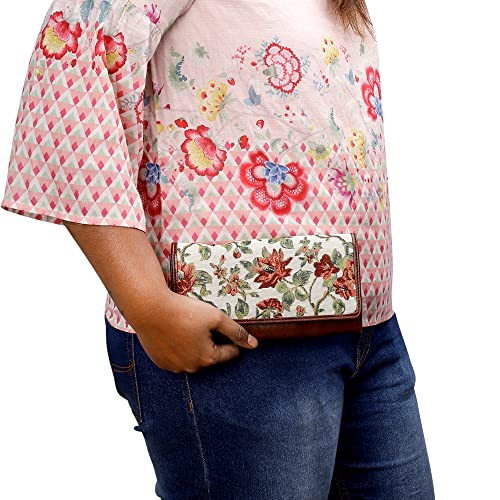 Image of THE CLOWNFISH Sharon Collection Tapestry Fabric & Faux Leather Snap Flap Closure Womens Wallet Clutch Ladies Purse with Multiple Card Holders (Off White-Floral)