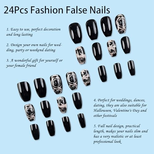 French False Nails,Black Pink Rose Coffin False Nails, 24PCS Square French Press on Nails with Jelly Glue,Acrylic Full Cover Nails Women Girls Nail Art Accessories (Black Pink Rose, One Size) - Image 3