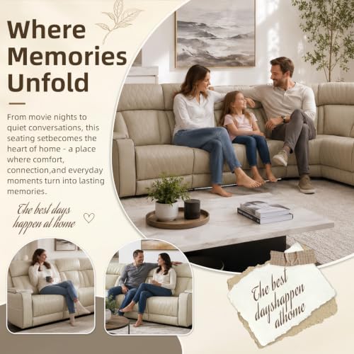 Image of Power Reclining Sectional Sofa Set, Beige Air Leather Recliner Couch with Wireless Charging, Reading Lights, Cup Holders, USB & Type-C Ports, Storage Console for Living Room Home Theater