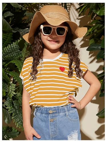 Image of SOLY HUX Girl's Cute Striped T Shirts Short Sleeve Heart Casual Teen Tee Tops Preppy Clothes Yellow Striped 12 Years