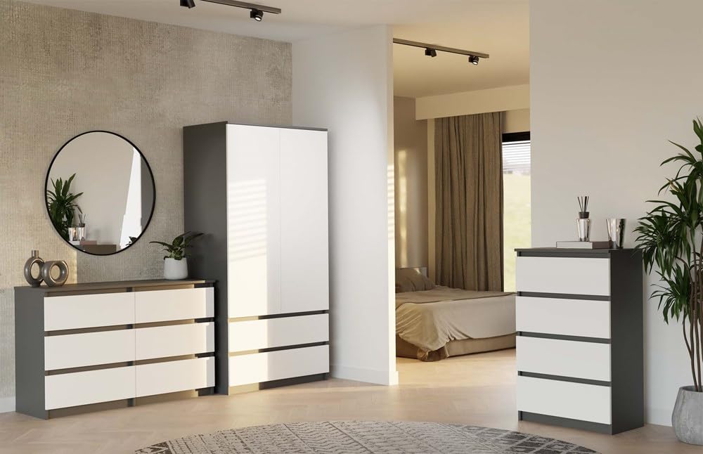 CDF Commode anthracite blanche avec 6 tiroirs, profondeur 30 cm, commode, pour salon, chambre à coucher, grand espace de rangement, convient pour organiser les vêtements, 120 cm de large, moderne