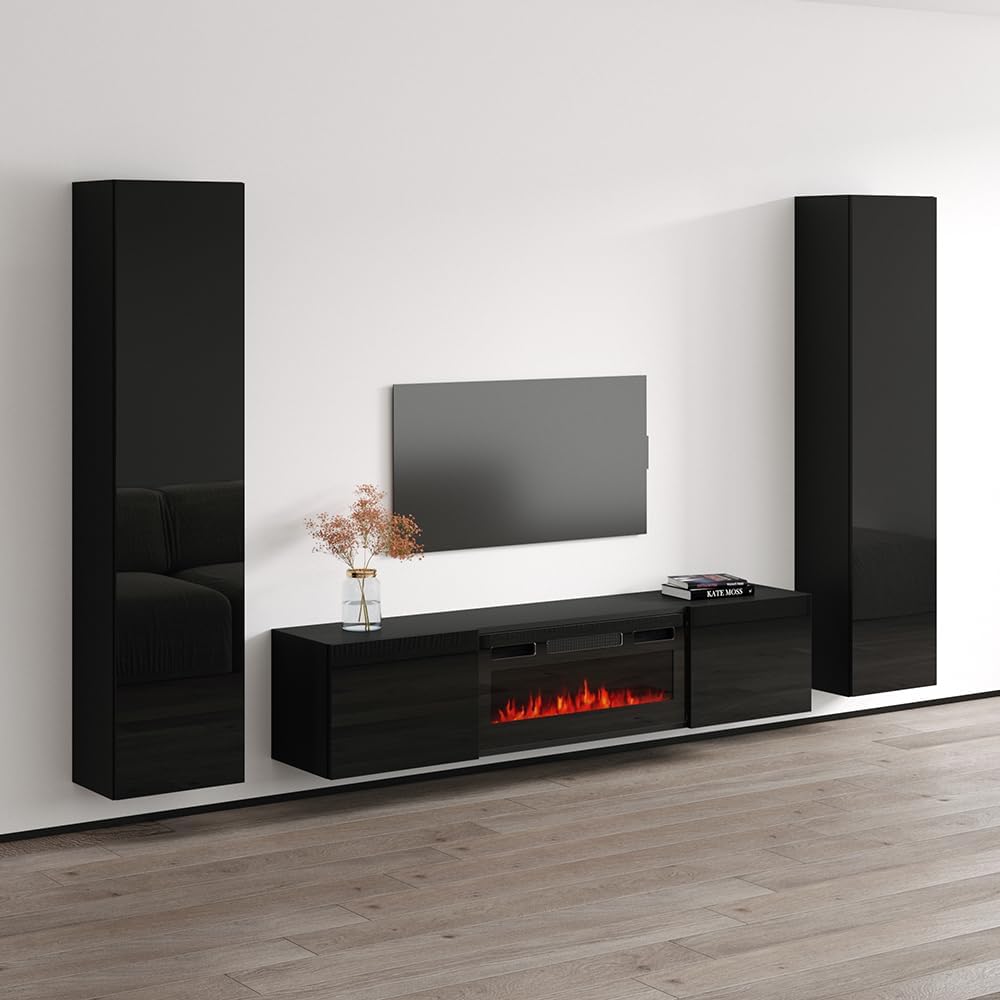 Meble Furniture Cali BL-EF 40'' Electric Fireplace TV Stand — Floating Wall-Mounted Entertainment Center — 2 Bookcases, Modern Design, 40 x 12 x 24 in — Black