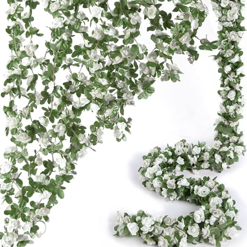 ASTNIC 9 x 8Ft Artificial Silk Rose Floral Vine Garland Hanging Plants Fake Flowers for Ceremony Outdoors Garden Wedding Home Hotel Party Arts Garlands Decoration (White)