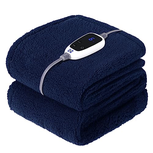 Sealy Electric Blanket Heated Throw 50"x60" Soft Double Sherpa Super Cozy with 6 Fast Heating Levels & 2-10 Hours Auto-Off, Over-Heat Protection, Machine Washable, Navy Blue