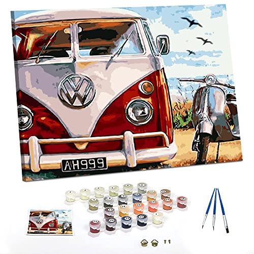 TUMOVO Paint by Numbers for Adults Beginners, DIY Paint by Numbers for Adults, Volkswagen Van Paint by Numbers, 16x20inch Oil Painting Kits Gift for Kids(Frameless) - Abstract Art Red Bus
