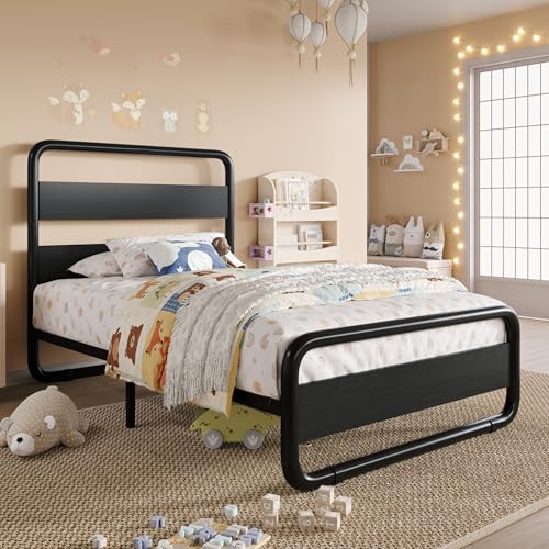 Image of SHA CERLIN Twin Size Metal Bed Frame with Wooden Headboard, Black