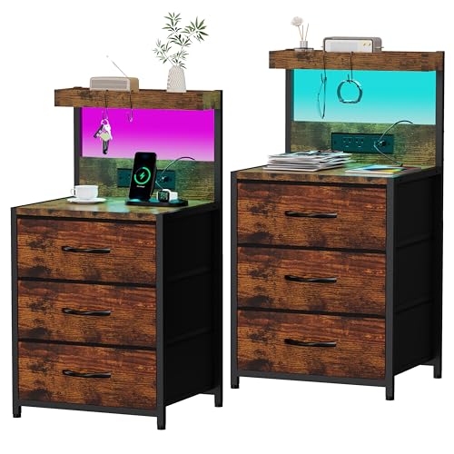 SZLHANJZ Nightstands Set of 2, End Table with LED Light and Charging Station Type C, 3 Drawers Storage Night Stand with Hooks, Tall Bed Side Table for Bedroom Dorm, Rustic Brown