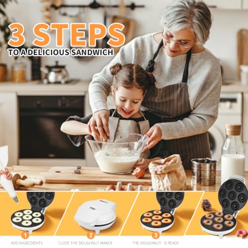 Image of DSP Mini Donut Maker - Non-Stick, 7 Donuts, Cool-Touch | Quick 3-Min Baking, Indicator Lights, Easy Wipe-Clean, Breakfast /Snacks /Desserts