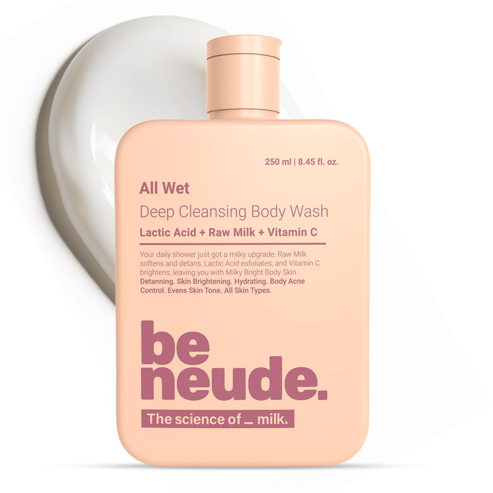 Be Neude All Wet 250ml De-Tan Body Wash with Milk, Lactic Acid, Vitamin C for Skin Brightening, Dark Spot & Pigmentation Reduction; Deep Cleansing Shower Gel Prevents Dryness & Body Acne for Men & Women