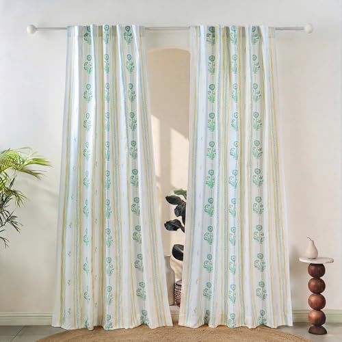Image of Tranquebar Curtain Co. Window Curtains 5 Feet, 60-65% Room Darkening, Blue-Yellow Floral Print, Cotton Curtains for Window, Cotton Curtains 5 Feet Long Set of 2,BackTab Loops,Dani (152 cm) - Set of 2