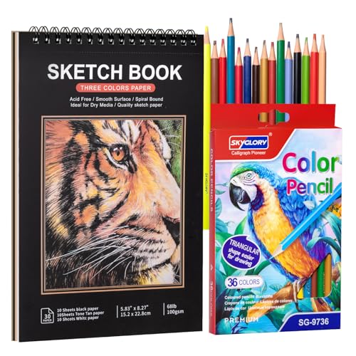 Drawing Sketchbook Kit A5 Sketch Book with 36 Color Pencils Three Color Black Sketch Pad Acid-Free Sketch Pad for Kids Artist Art Paper Drawing Supplies for Gifts (5.88.3 inch)