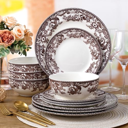 Image of Joseph Sedgh Collection Montana Chip-Resistant Porcelain Dinnerware Set, 12-Piece, Elegant Brown Floral Border