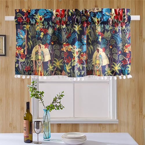 Image of Ravaiyaa - Attitude is everything Hand Printed Half Window Kitchen Curtain 100% Cotton Short Drapery Valance Curtain 40 inch X 18 inch Inch (Blue Floral)