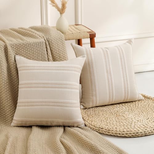 Image of Hckot Hand Made Decorative Khaki Pillow Covers 18x18 Striped Throw Pillows Textured Linen Pillow Covers Farmhouse Decor Cushion Covers for Couch Bed Living Room, Khaki