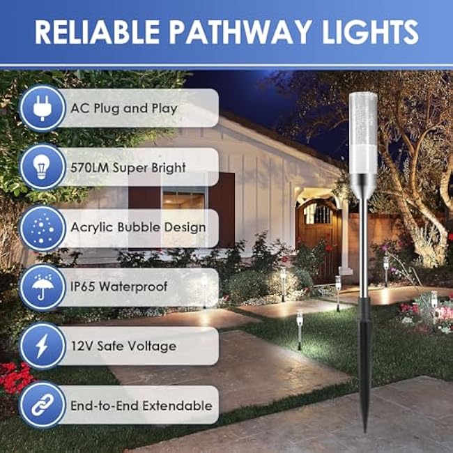 B-right Outdoor Pathway Lights, 6 Pcs LED Path Lights AC Plug 12V Low Voltage Landscape Lighting 570 Lumens, Extendable IP65 Waterproof Outdoor Garden Light for Patio Yard Walkway, Cool White 6000K