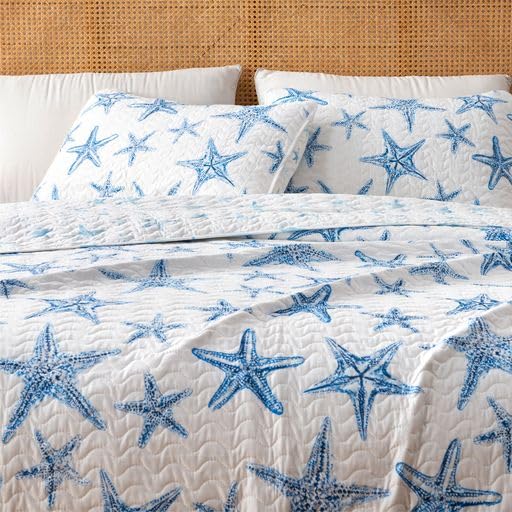 Full / Queen Coastal Quilt Bedding Set, Summer Coastal Quilt with Shams, Beach 3-Piece Reversible All Season Bedspread Quilt Set. Lightweight Nautical Quilted Coverlet. Trinidad Collection, Blue