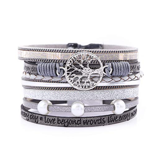 COOLLA Braided Wrap Bracelet Agate Stone Crystal Leather Cuff Bangle Women Bracelet (beads-Tree of Life bracelet Grey)