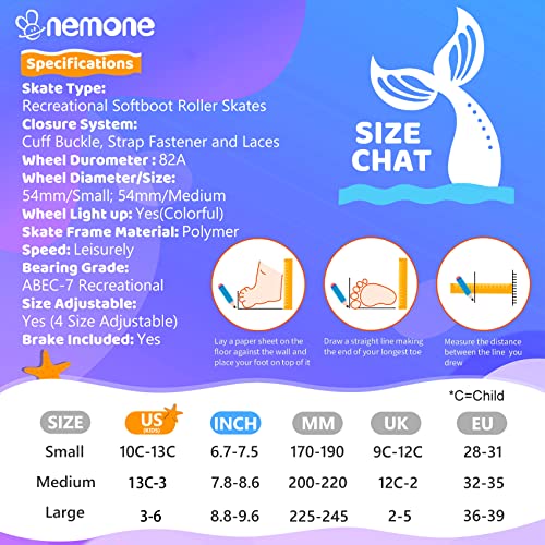 Nemone Mermaid 4 Size Adjustable Light Up Roller Skates For Girls, Purple Blue Skates For Toddlers, Outdoor Beginner Kids Roller Skates Indoor - Size Medium(13C-3Y Us) #TOP5