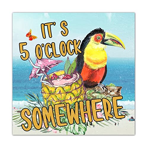 Plaque en bois It's 5 O'Clock Somewhere avec motif perroquet et flamant rose, 40x40 cm
