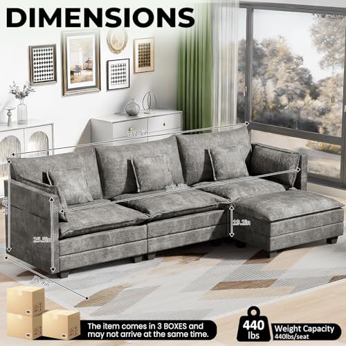 Image of LEVELEVE 112.5 inch L-Shape Modular Sofa with 1 Ottomans, Deep Seat Cloud Convertible Sleeper, 3 Throw 2 Arm Pillows, Cozy Upholstered Furniture for Living Room Apartment, Dark Grey