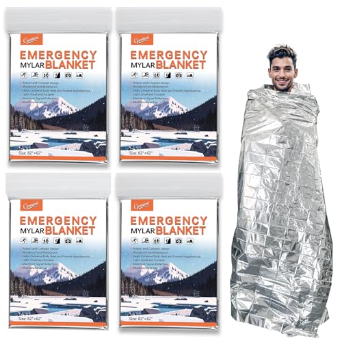 4 Pack – Large 82” x 62” Survival Emergency Mylar Thermal Blankets, Thermal Survival Blanket Perfect for Camping, Hiking, Body Insulation, Outdoors, Car Survival Kit, Bug Out Bag