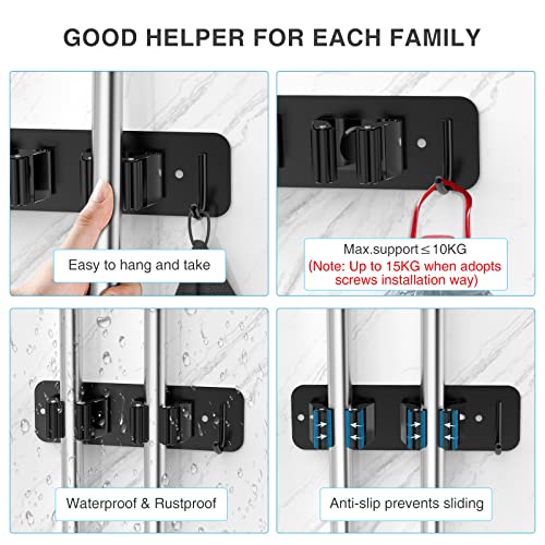 Cosicosy Mop Broom Holder, SUS304 Stainless Steel Mop Holder Wall Mounted 2 Racks with Hook Broom Hanger 2 Pcs Broom Holder Self-Adhesive/Perforated (Include Screws), Black - Image 4