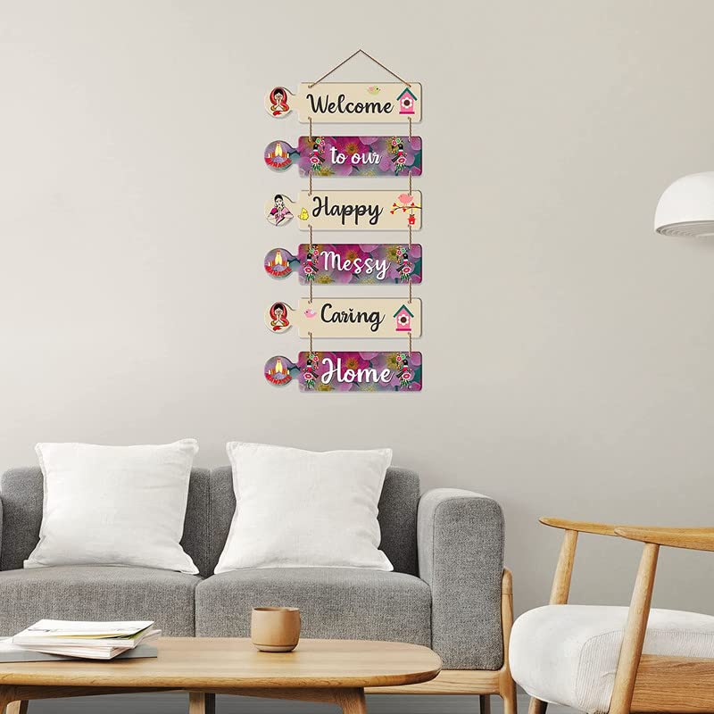 Image of Welcome to Our Happy Messy Caring Home Wall Hanging Decor | Wooden Hanging Quote Sign for Living Room, Bedroom, Entrance | Home Decoration Item