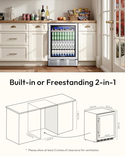 Image of EUHOMY 24 Inch Wine and Beverage Refrigerator, 112 Cans & 8 Bottles Built-in or Freestanding Beverage Refrigerator Double-Layer Glass Door, Under Counter Wine Fridge for Kitchen, Bar, Office