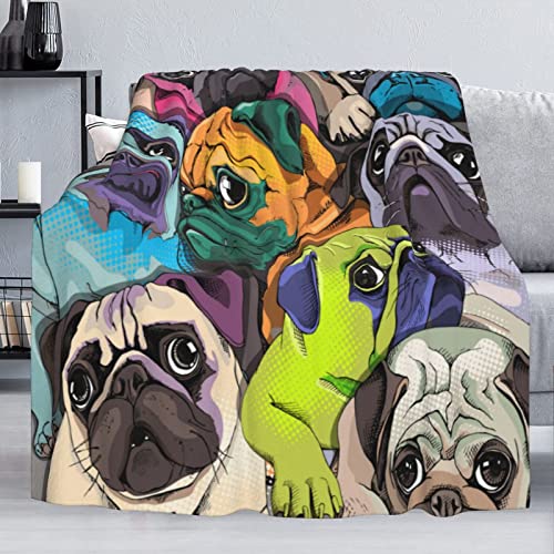 Flannel Blanket Colorful Hand Drawn Pug Dogs Lightweight Cozy Bed Blanket Soft Throw Blanket Fits Couch Sofa Suitable For All Season 60X80 For Women Men #TOP3