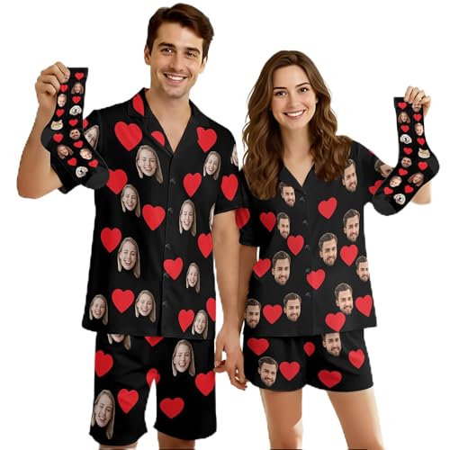 Artsadd Personalized Couples Matching Pajamas, His and Hers Custom Photo Short Pj Set, Women Men Valentine's Day Funny Gifts(Women,Heart,S)