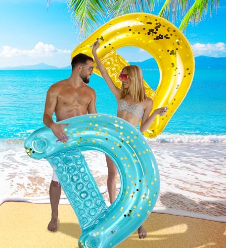 Image of POZA Inflatable Pool Float Chair - Luxurious Lounger Filled with Sparkle Confetti, 2 Built in Cup Holders & Handles, Water Floating Chair for Beach, Lake & Swimming Pool - 48 x 38 Inch
