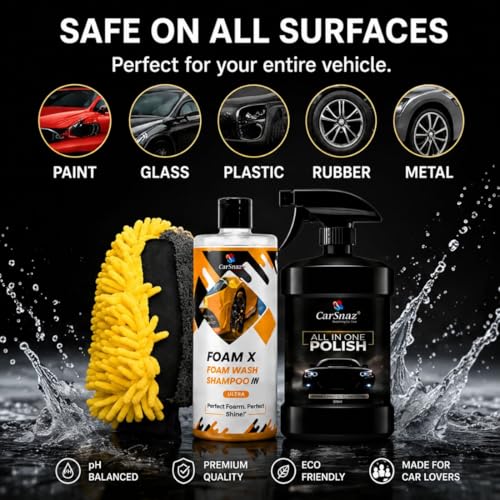 Image of CAR SAAZ Complete Car Care Combo Pack Including Foam X High Foam Car Wash Shampoo, Instant Shine All in One Polish Spray and Scratch-Free Microfiber Wash Mitt for Interior & Exterior Cleaning