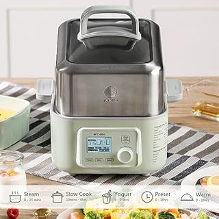 BUYDEEM G553 5-Quart Electric Food Steamer for Cooking, One Touch Multifunctional Vegetable Steamer, Quick Steam in 60s, Stainless Steel Tray & Glass Lid, Cozy Greenish, 1500W, Stew Pots Not Included