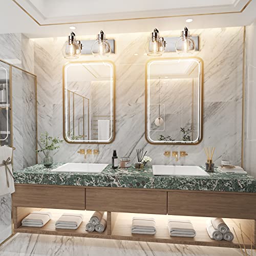 Image of Tipace Chrome Vintage Bathroom Vanity Light,2 Lights Modern Stainless Steel with Globe Clear Glass Bathroom Light Fixtures Industrial Wall Mount Lighting Sconce(Exclude Bulb)