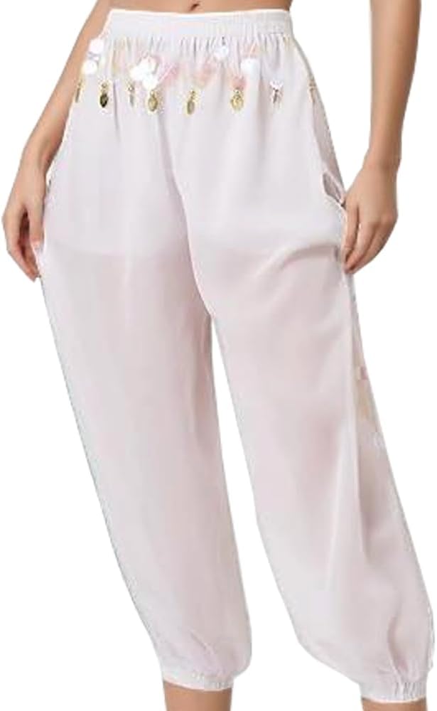 Women's Belly Dance Harem Pants Arabic Halloween Side Split Sequin Shiny Coins Lantern Trousers