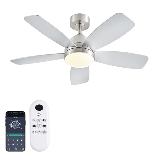 42 Inch Low Profile Ceiling Fan with Light and Remote, Modern Nickel LED Ceiling Fan,Dimmable Reversible DC Motor,8 Speed,Quiet Indoor Outdoor Fan for Bedroom