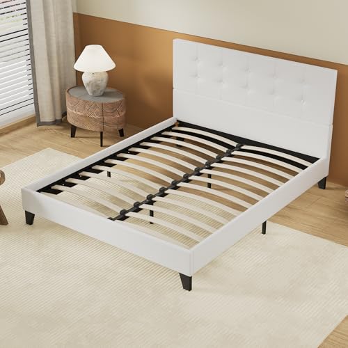 NOVEMBER- Lit avec sommier & Tête de lit capitonnée - 120 x 190cm - Revêtement synthétique Blanc- Stable et Robuste avec Pieds centraux de Renfort